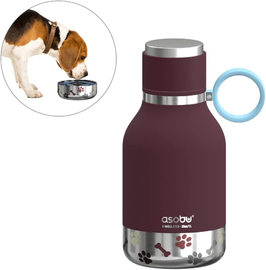Professional title: "Stainless Steel Insulated Travel Bottle with Attached Dog B - Speedmerchant65 / The Hungry Bookworm / Fireside Books