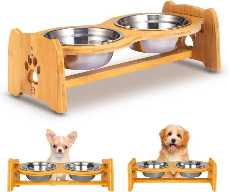 Professional title: "Adjustable Bamboo Elevated Pet Bowls with Stainless Steel B - Speedmerchant65 / The Hungry Bookworm / Fireside Books