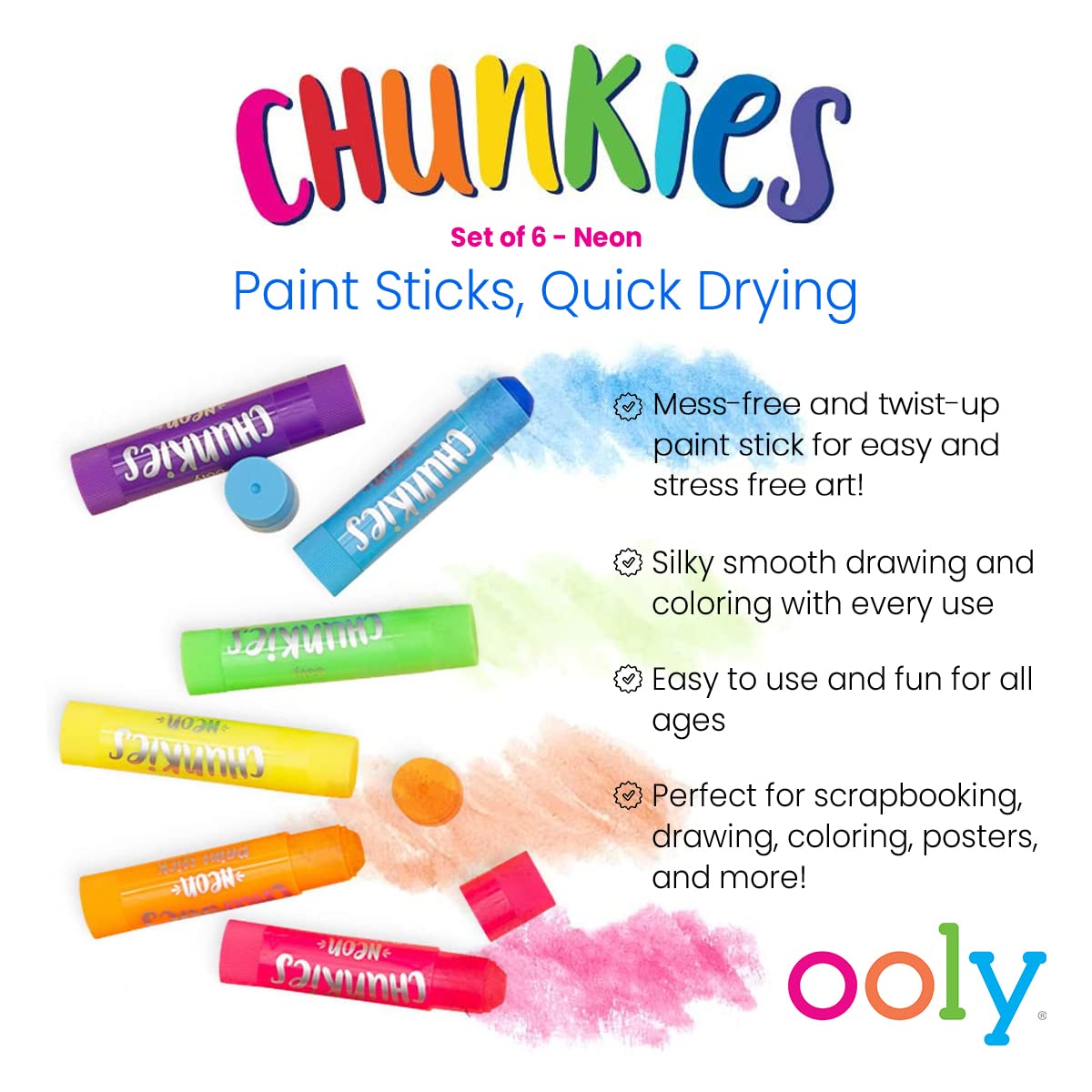OOLY, Chunkies, Paint Sticks, Quick Drying, Set of 6 - Neon Set, Twistable Paint - The Hungry Bookworm & Speedmerchant65