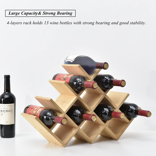 Professional title: " Wooden 13-Bottle Wine Rack - Natural Wood 4-Tier Wine Disp
