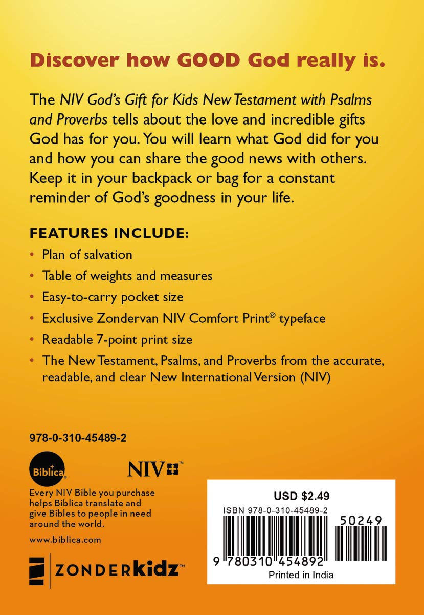 NIV, God's Gift for Kids New Testament with Psalms and Proverbs, Pocket-Sized, Paperback, Comfort Print - The Hungry Bookworm & Speedmerchant65
