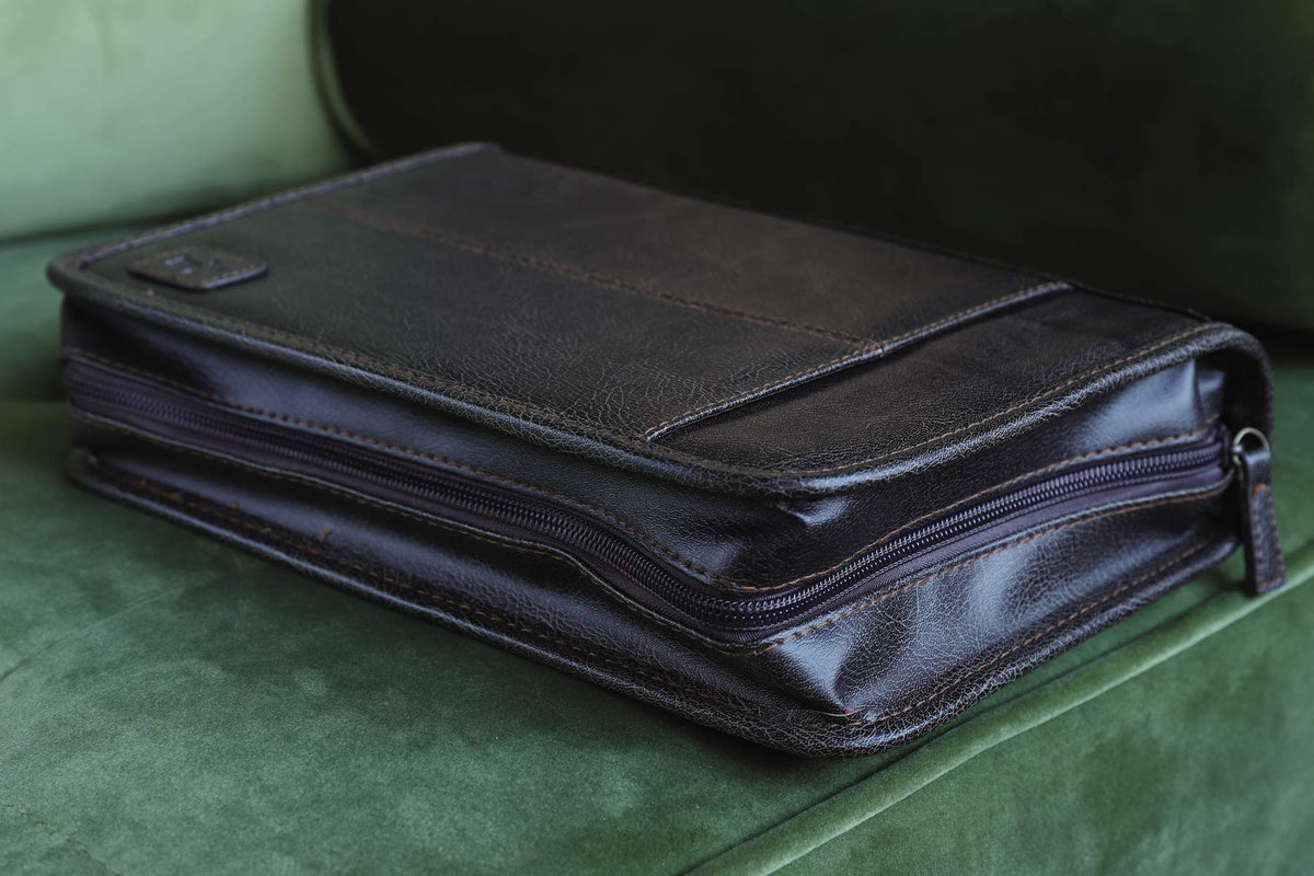 Aviator Bible Cover, Zippered, with Handle, Leather Look, Brown, Large