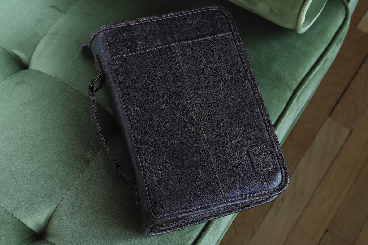 Aviator Bible Cover, Zippered, with Handle, Leather Look, Brown, Large