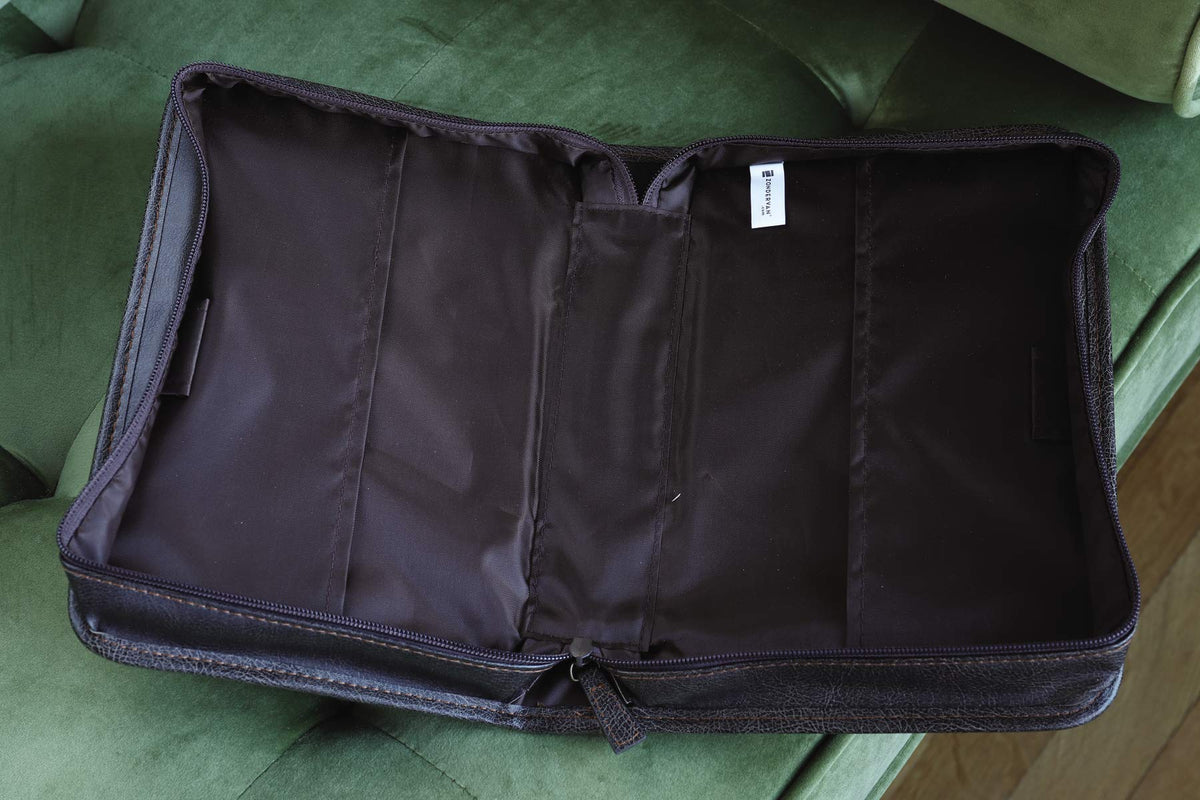 Aviator Bible Cover, Zippered, with Handle, Leather Look, Brown, Large