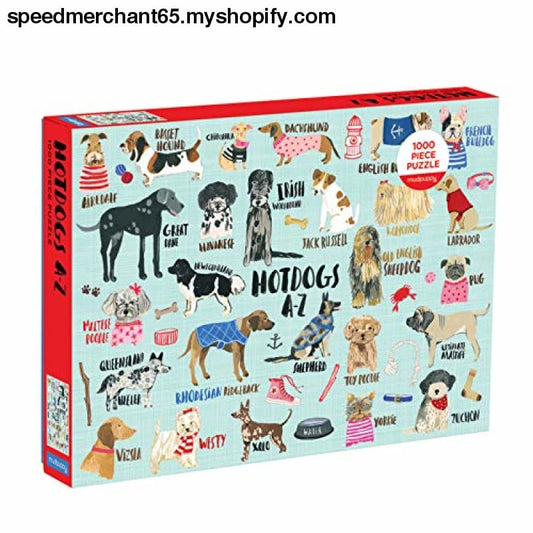 Mudpuppy Hot Dogs A-Z Puzzle 1,000 Piece Dog Jigsaw 27”x20”